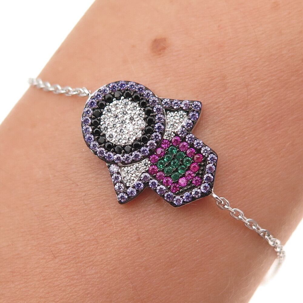 925 Sterling Silver Multi-Color C Z Hamsa Amulet Cable Link Bracelet 6.5-7.5"